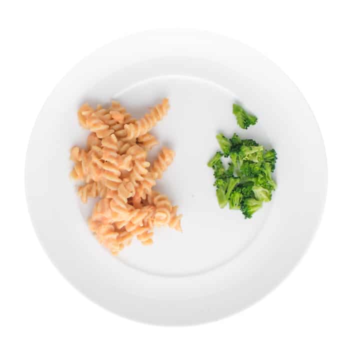 Plate with sweet potato mac and cheese and broccoli bites